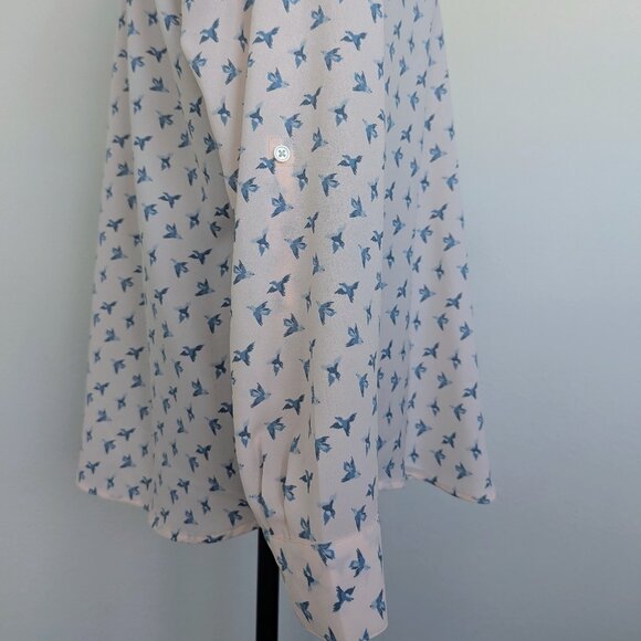 LOFT Large Petite Light Pink Blue Bird Print Button-Up Ruffle Collar Blouse - Picture 5 of 6